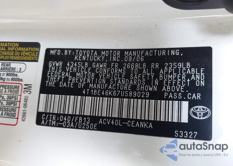 2007 Toyota Camry Le z USA, uszkodzony, nr VIN 4T1BE46K67U589029